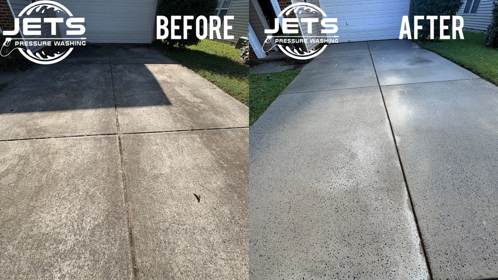 Before and after concrete driveway pressure washing in Charlotte NC